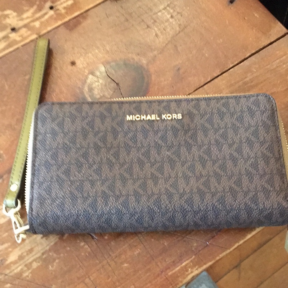 Brown and olive Michael Kors wristlet